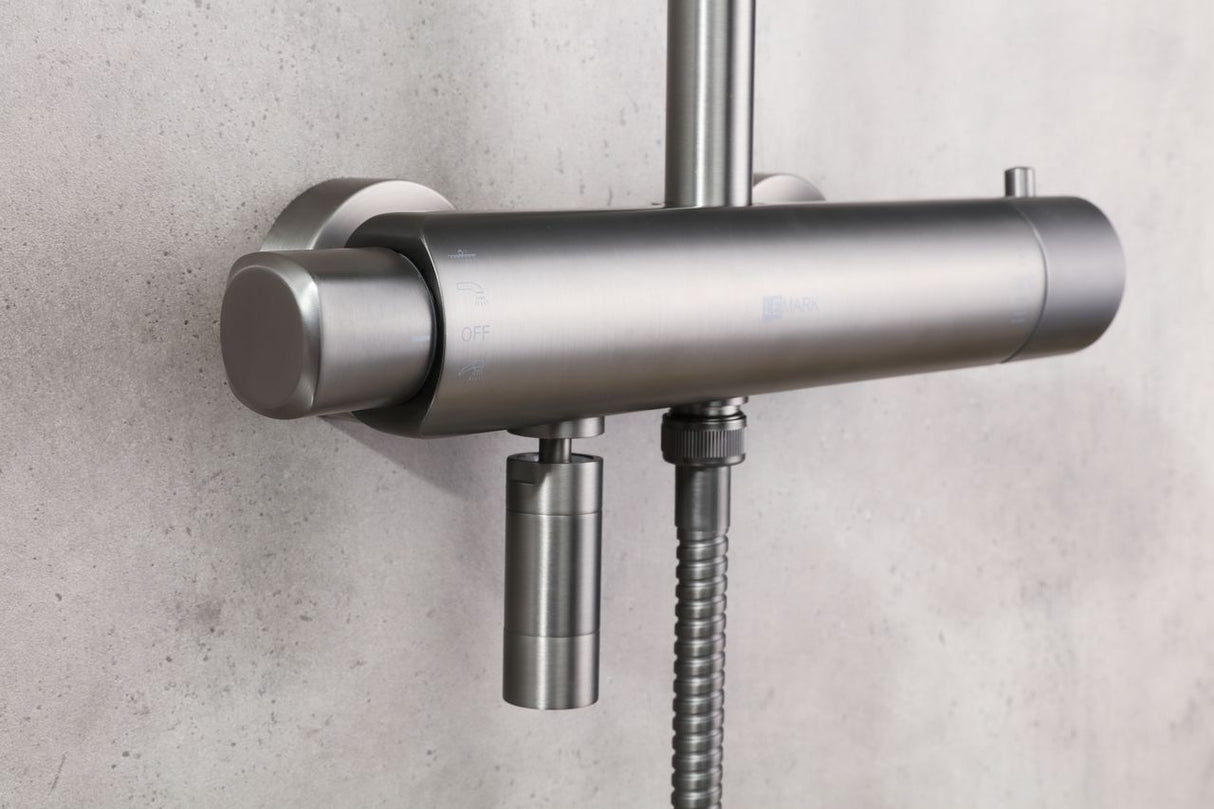 Thermostatic Bath and Shower Faucet with adjustable robe height, swivel spout and "Tropical rain" shower head LEMARK LM3772GM "BRONX"